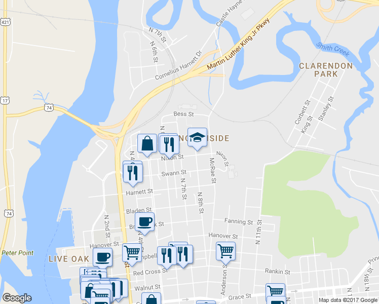 map of restaurants, bars, coffee shops, grocery stores, and more near 721 Nixon Street in Wilmington