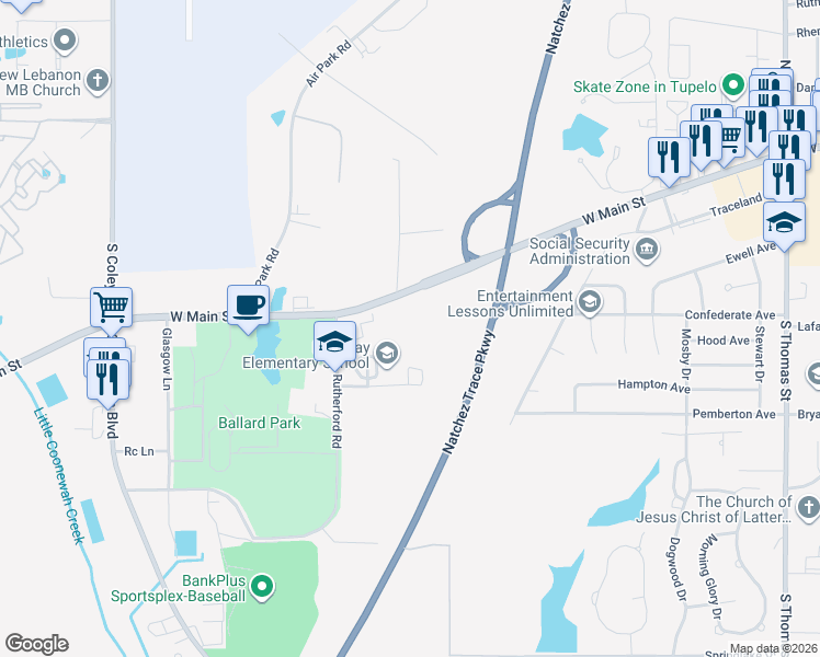 map of restaurants, bars, coffee shops, grocery stores, and more near 628 Rutherford Road in Tupelo