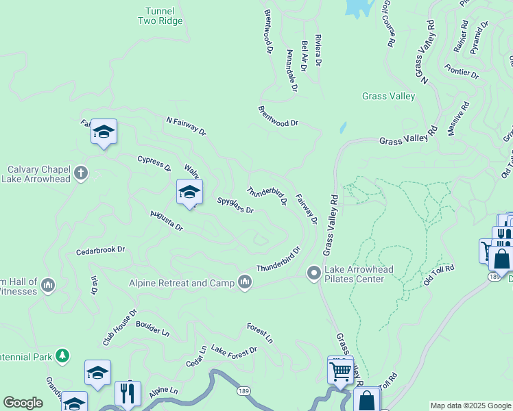 map of restaurants, bars, coffee shops, grocery stores, and more near 26504 Spyglass Drive in Lake Arrowhead