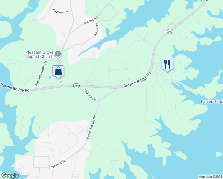map of restaurants, bars, coffee shops, grocery stores, and more near 8522 Browns Bridge Road in Gainesville