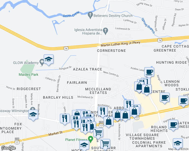 map of restaurants, bars, coffee shops, grocery stores, and more near 620 Tabor Lane in Wilmington