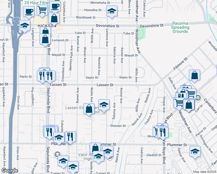 map of restaurants, bars, coffee shops, grocery stores, and more near 14956 Lassen Street in Los Angeles