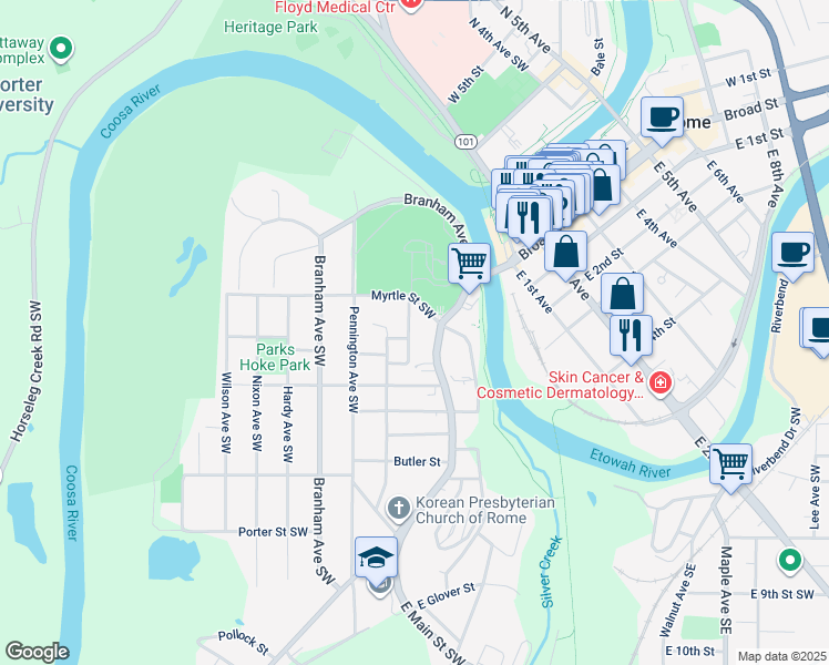 map of restaurants, bars, coffee shops, grocery stores, and more near 75 Klassing Street Southwest in Rome