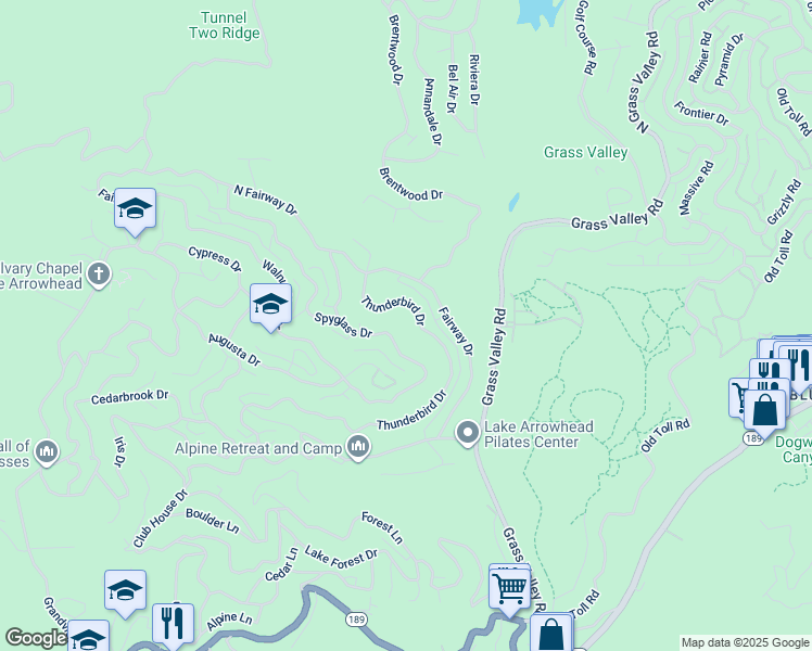 map of restaurants, bars, coffee shops, grocery stores, and more near 26522 Thunderbird Drive in Lake Arrowhead