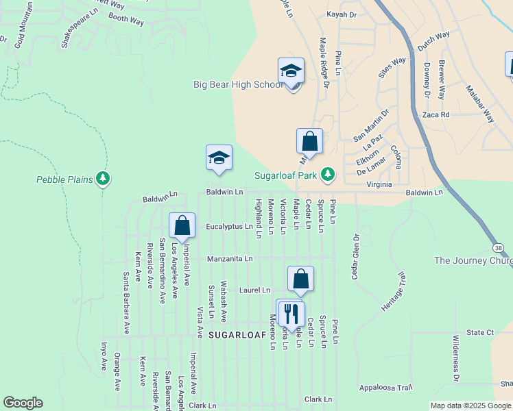 map of restaurants, bars, coffee shops, grocery stores, and more near 140 Highland Lane in Big Bear