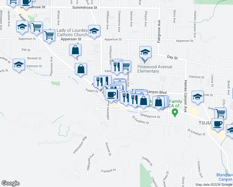 map of restaurants, bars, coffee shops, grocery stores, and more near 9939 Commerce Avenue in Los Angeles
