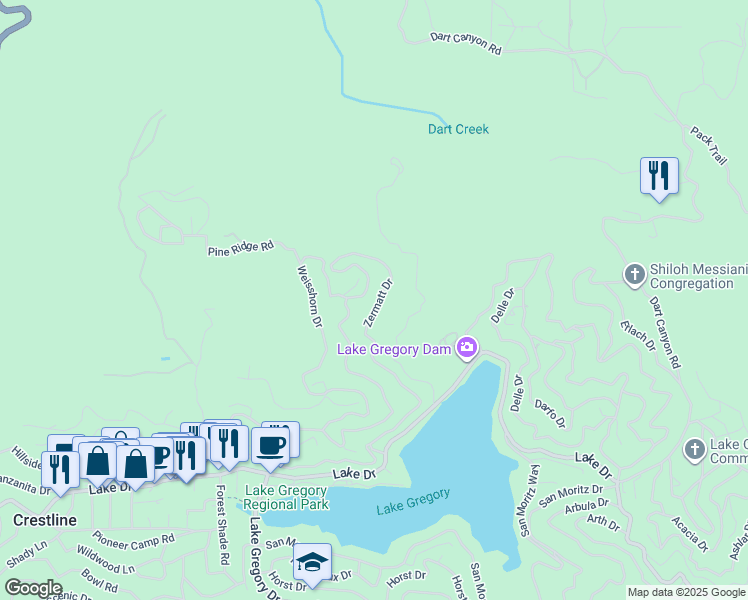 map of restaurants, bars, coffee shops, grocery stores, and more near 200 Zermatt Drive in Crestline