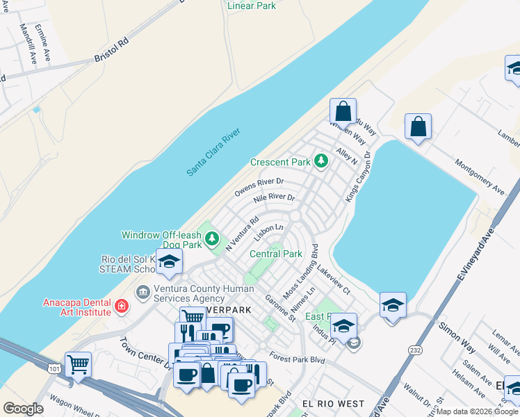 map of restaurants, bars, coffee shops, grocery stores, and more near 3241 North Ventura Road in Oxnard
