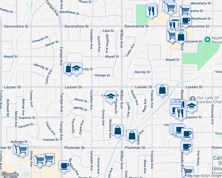 map of restaurants, bars, coffee shops, grocery stores, and more near 18942 Lassen Street in Los Angeles