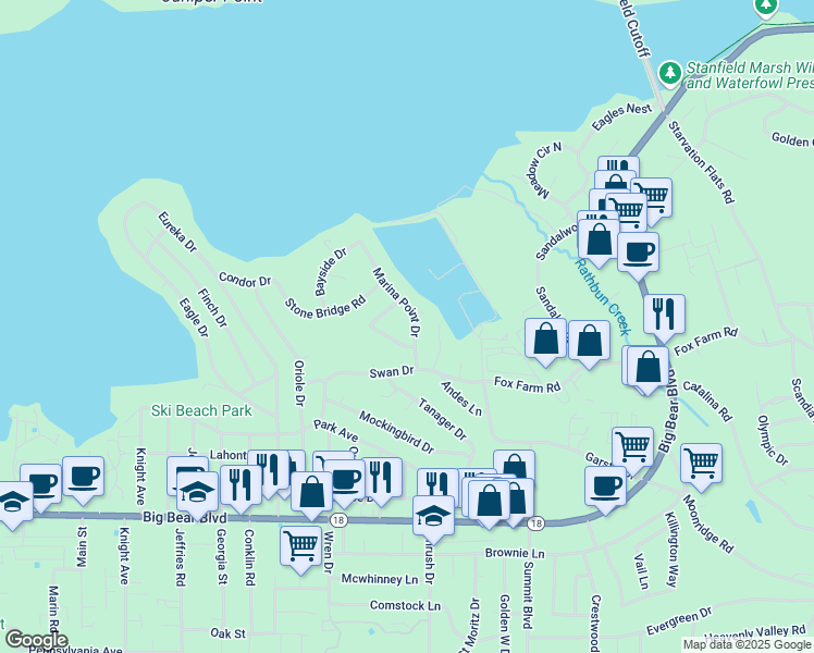 map of restaurants, bars, coffee shops, grocery stores, and more near 181 Meadow View Drive in Big Bear Lake