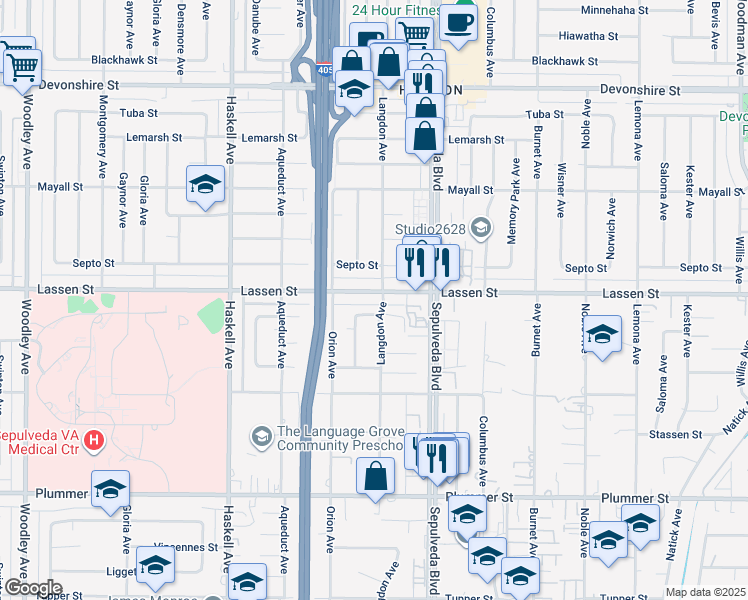 map of restaurants, bars, coffee shops, grocery stores, and more near 15506 Lassen Street in Los Angeles