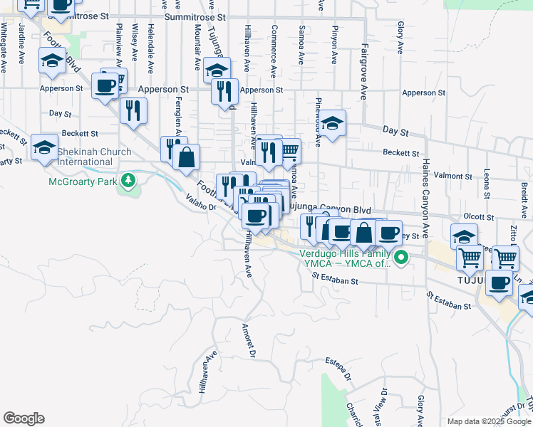 map of restaurants, bars, coffee shops, grocery stores, and more near 9939 Commerce Avenue in Los Angeles