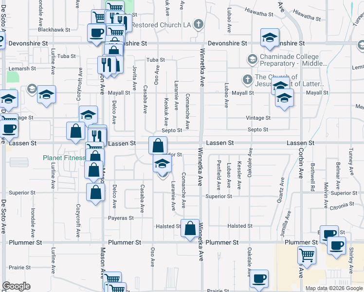 map of restaurants, bars, coffee shops, grocery stores, and more near 20200 Lassen Street in Los Angeles