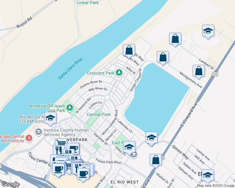 map of restaurants, bars, coffee shops, grocery stores, and more near 545 Nile River Drive in Oxnard