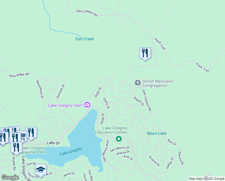 map of restaurants, bars, coffee shops, grocery stores, and more near Edelweiss Drive in Crestline