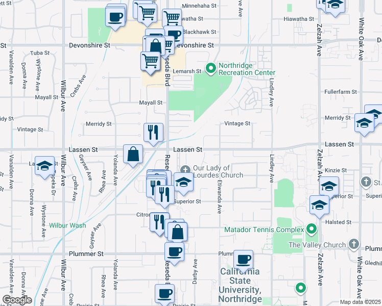 map of restaurants, bars, coffee shops, grocery stores, and more near 9854 Canby Avenue in Los Angeles