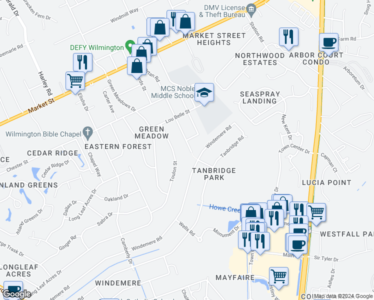 map of restaurants, bars, coffee shops, grocery stores, and more near 334 Spartan Road in Wilmington