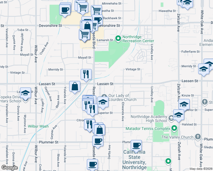 map of restaurants, bars, coffee shops, grocery stores, and more near 9854 Canby Avenue in Los Angeles