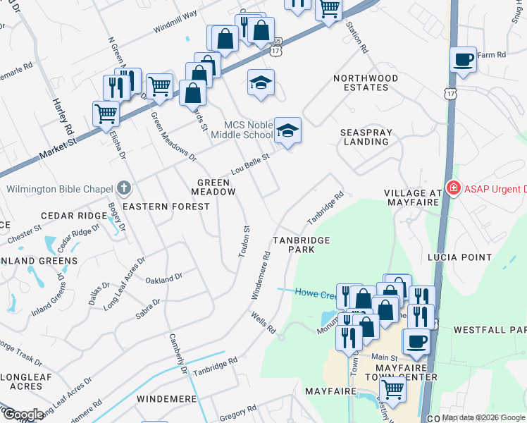 map of restaurants, bars, coffee shops, grocery stores, and more near 334 Spartan Road in Wilmington