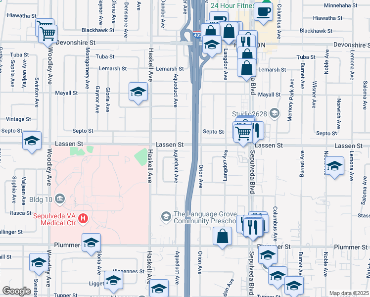 map of restaurants, bars, coffee shops, grocery stores, and more near 15642 Lassen Street in Los Angeles