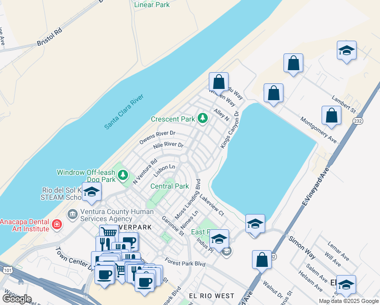 map of restaurants, bars, coffee shops, grocery stores, and more near 3366 North Oxnard Boulevard in Oxnard