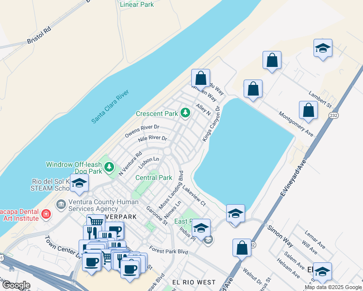 map of restaurants, bars, coffee shops, grocery stores, and more near 3360 North Oxnard Boulevard in Oxnard