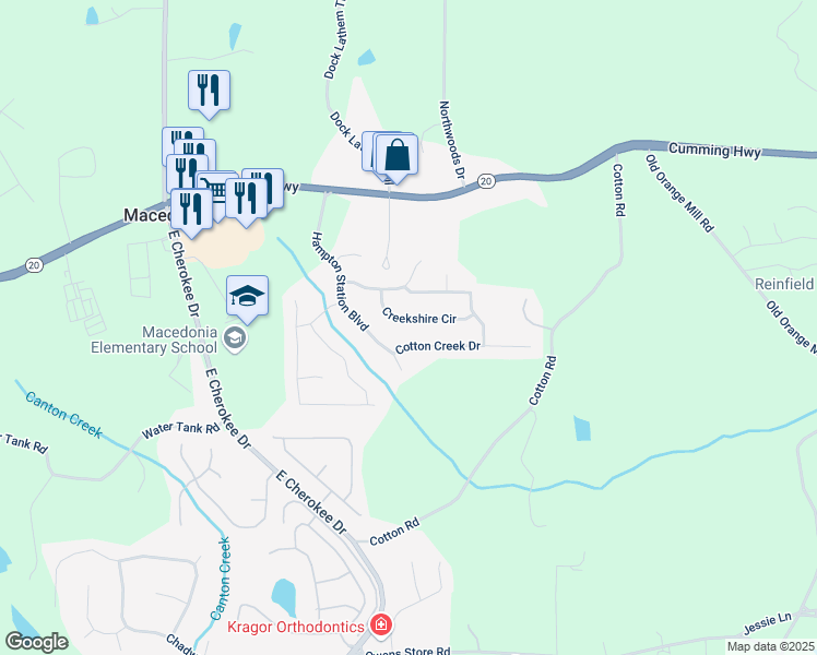 map of restaurants, bars, coffee shops, grocery stores, and more near 514 Creekshire Circle in Canton