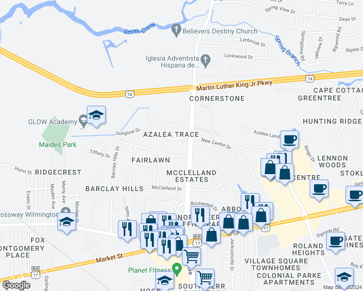 map of restaurants, bars, coffee shops, grocery stores, and more near 621 Tabor Lane in Wilmington