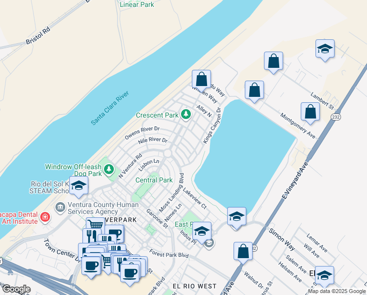 map of restaurants, bars, coffee shops, grocery stores, and more near 545 Nile River Drive in Oxnard