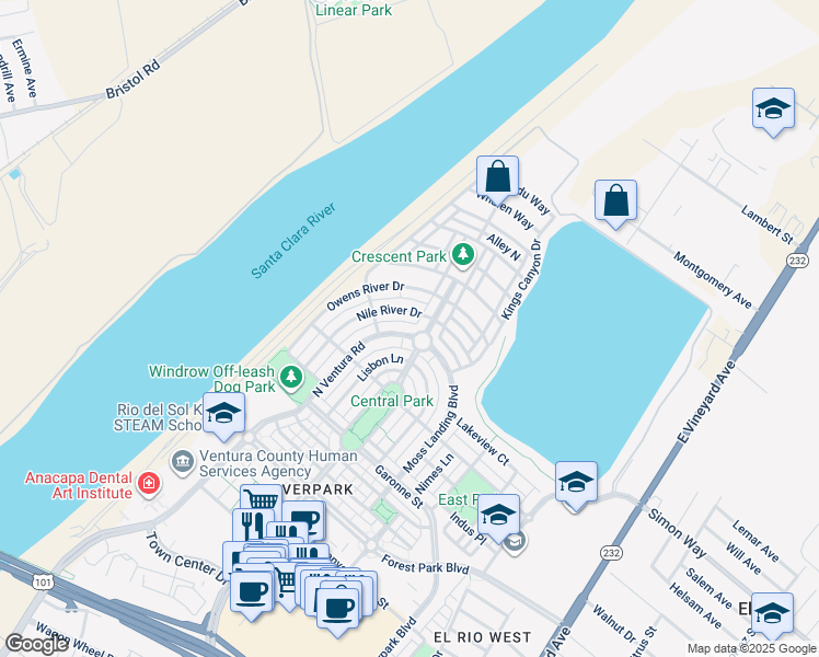 map of restaurants, bars, coffee shops, grocery stores, and more near 3345 North Ventura Road in Oxnard