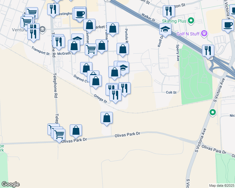 map of restaurants, bars, coffee shops, grocery stores, and more near 4848 Colt Street in Ventura