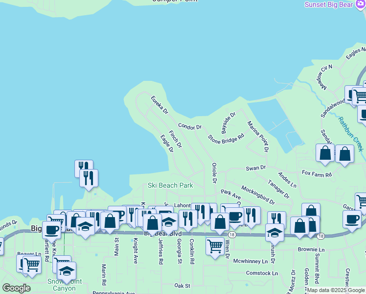 map of restaurants, bars, coffee shops, grocery stores, and more near 155 Finch Drive in Big Bear Lake