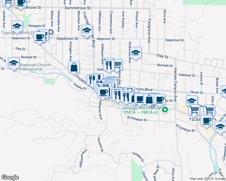 map of restaurants, bars, coffee shops, grocery stores, and more near 9930 Commerce Avenue in Los Angeles