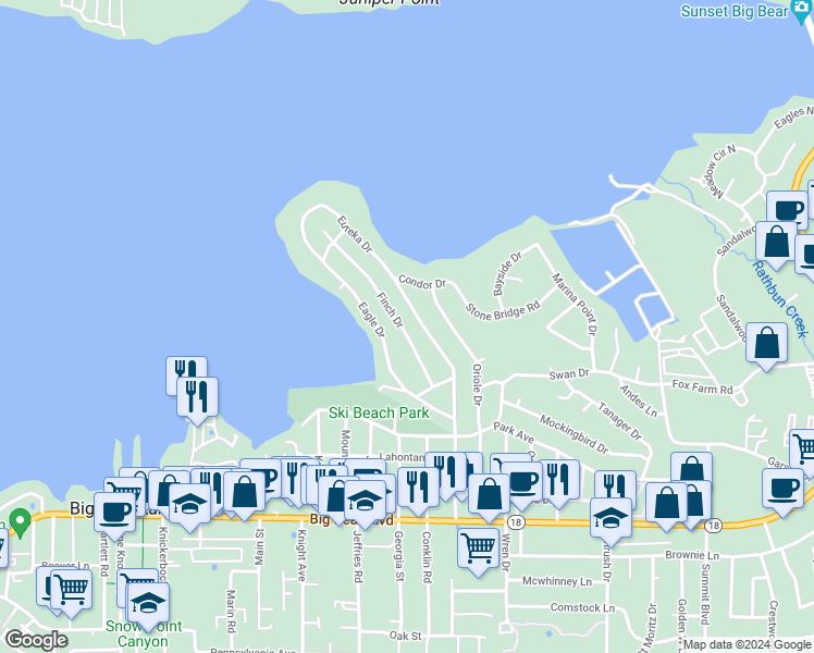 map of restaurants, bars, coffee shops, grocery stores, and more near 155 Finch Drive in Big Bear Lake