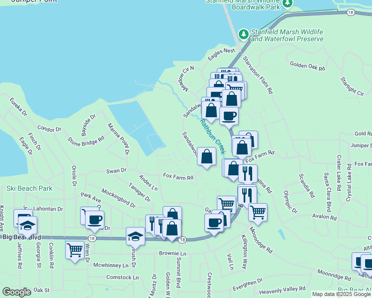 map of restaurants, bars, coffee shops, grocery stores, and more near 154 Sandalwood Drive in Big Bear Lake