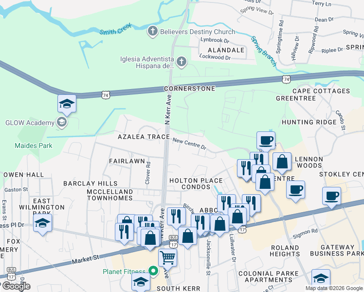map of restaurants, bars, coffee shops, grocery stores, and more near 502 Shortfin Drive in Wilmington