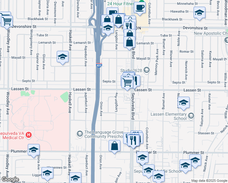 map of restaurants, bars, coffee shops, grocery stores, and more near 15506 Lassen Street in Los Angeles