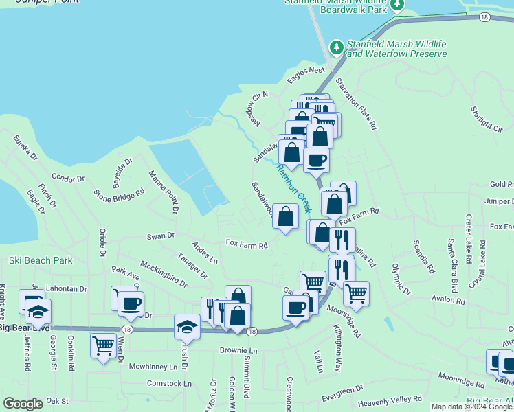map of restaurants, bars, coffee shops, grocery stores, and more near 154 Sandalwood Drive in Big Bear Lake