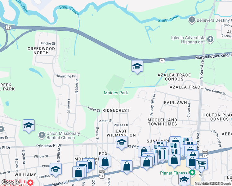 map of restaurants, bars, coffee shops, grocery stores, and more near 597 Manly Avenue in Wilmington