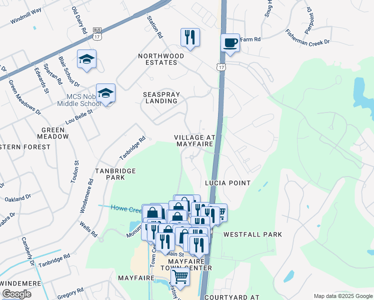 map of restaurants, bars, coffee shops, grocery stores, and more near 636F Village Park Drive in Wilmington