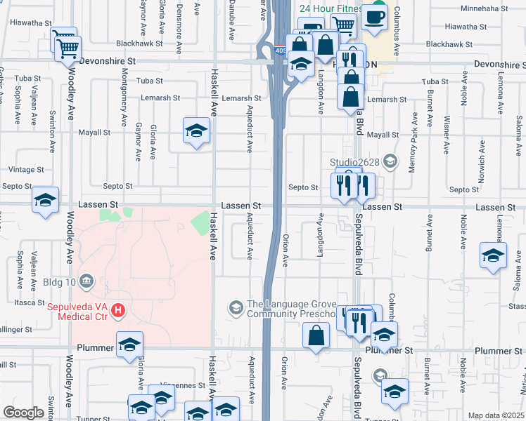 map of restaurants, bars, coffee shops, grocery stores, and more near 15642 Lassen Street in Los Angeles