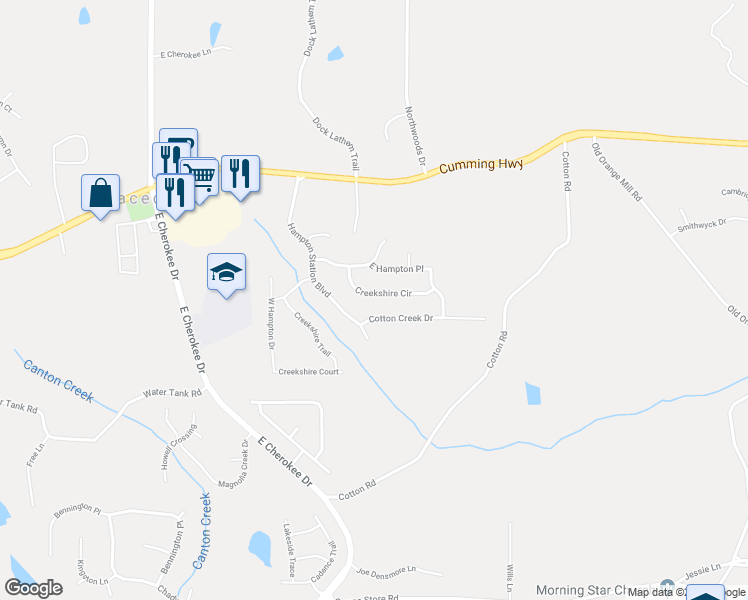 map of restaurants, bars, coffee shops, grocery stores, and more near 514 Creekshire Circle in Canton
