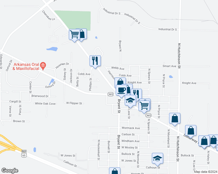 map of restaurants, bars, coffee shops, grocery stores, and more near 6102 Dollarway Road in Pine Bluff