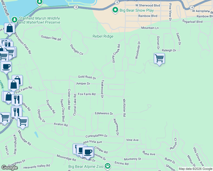 map of restaurants, bars, coffee shops, grocery stores, and more near 42773 Juniper Drive in Big Bear Lake
