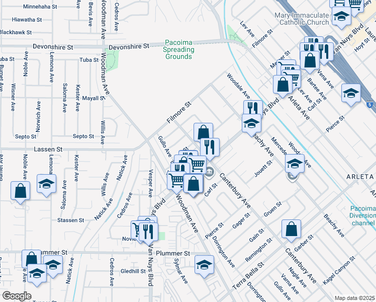 map of restaurants, bars, coffee shops, grocery stores, and more near 14430 Pinney Street in Los Angeles
