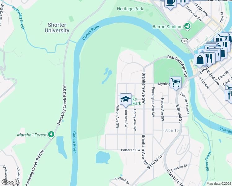 map of restaurants, bars, coffee shops, grocery stores, and more near 201 Wilson Avenue Southwest in Rome