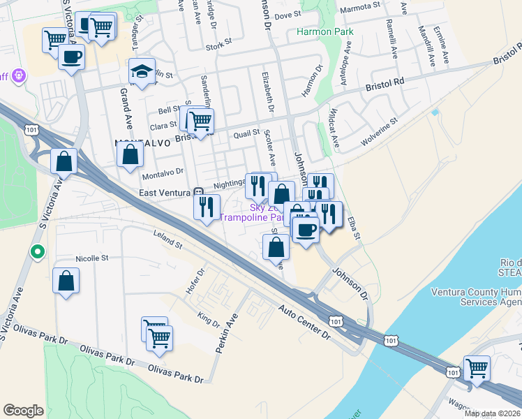 map of restaurants, bars, coffee shops, grocery stores, and more near 2747 Sherwin Avenue in Ventura