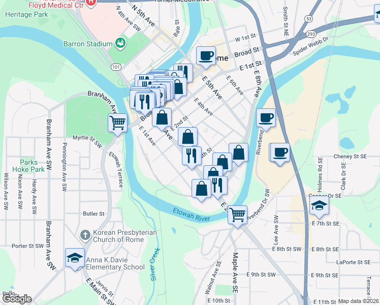 map of restaurants, bars, coffee shops, grocery stores, and more near 310 East 2nd Avenue in Rome