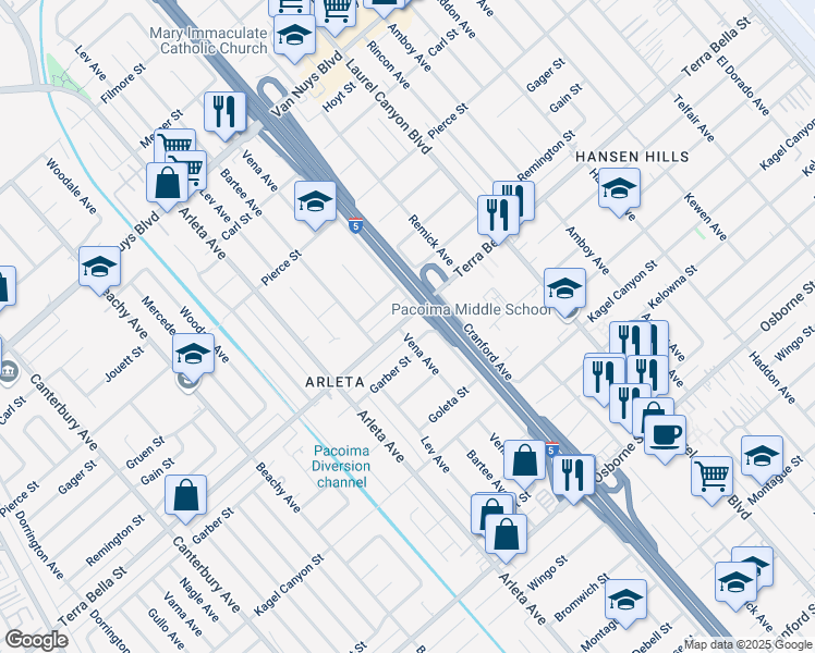 map of restaurants, bars, coffee shops, grocery stores, and more near 9850 Vena Avenue in Los Angeles
