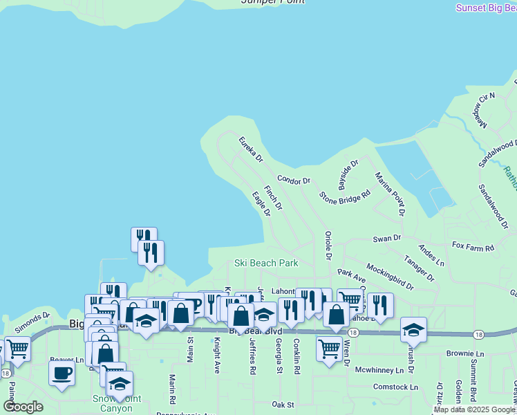 map of restaurants, bars, coffee shops, grocery stores, and more near 138 Eagle Drive in Big Bear Lake
